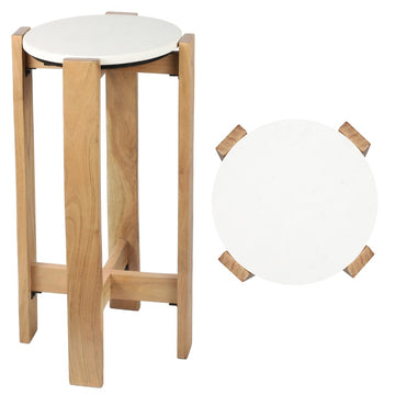 Elena 24" Minimalist Structured Wood Drink Table and Decorative End Table with White Marble Round Top